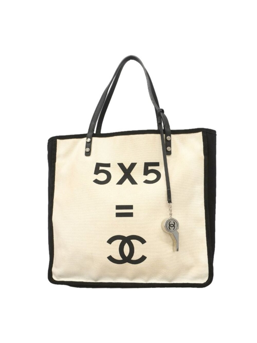 Chanel Tote Bag Let's Lemon Straight Canvas White Black Silver